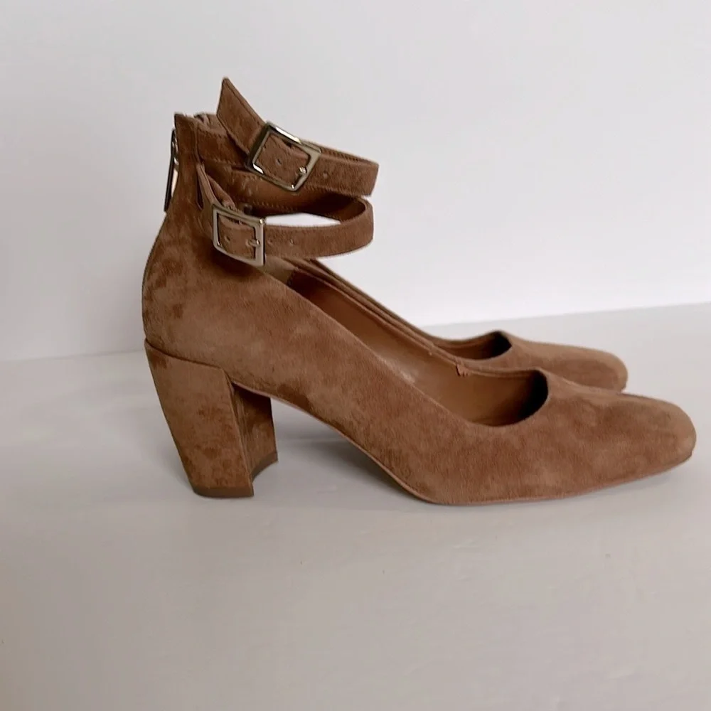 H by Halston Regina Brown Suede Block Heel with Buckle Ankle Strap Zip size 6